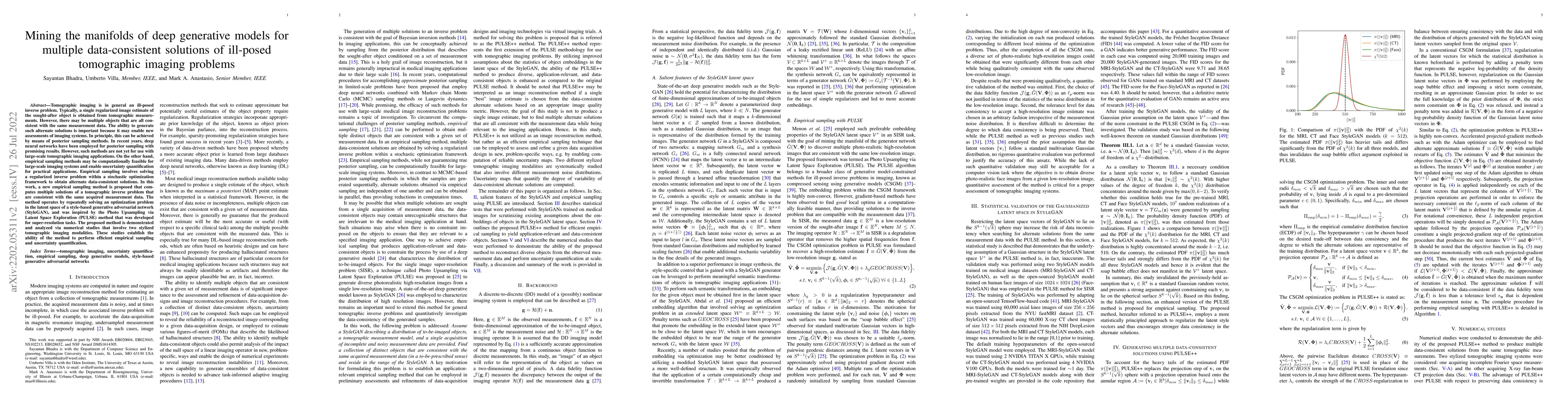 Thumbnail for Mining the manifolds of deep generative models for multiple
  data-consistent solutions of ill-posed tomographic imaging problems