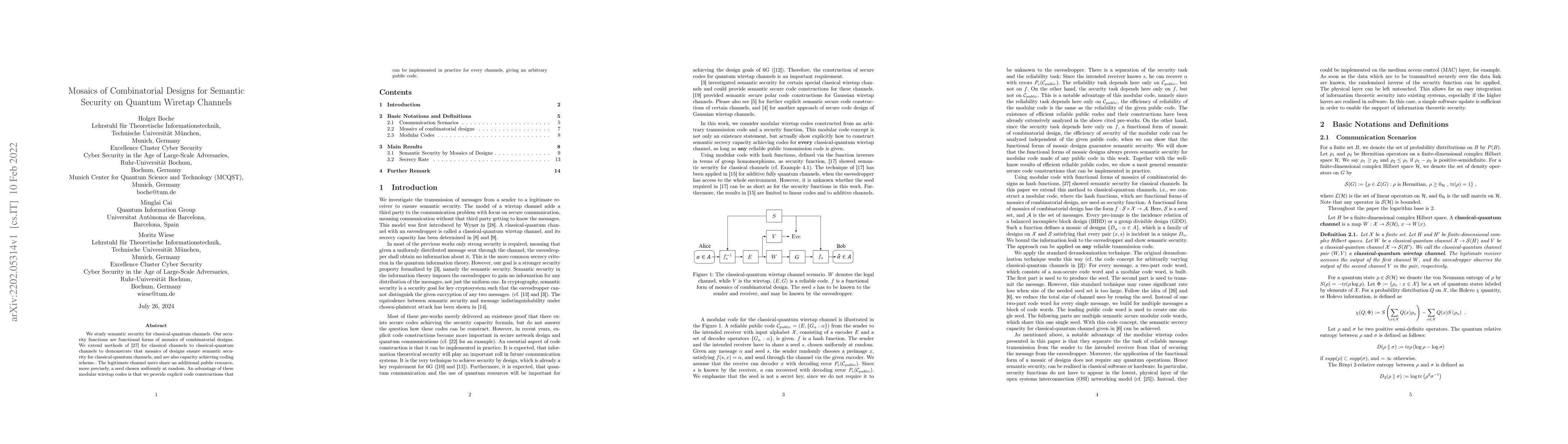 Thumbnail for Mosaics of Combinatorial Designs for Semantic Security on Quantum
  Wiretap Channels
