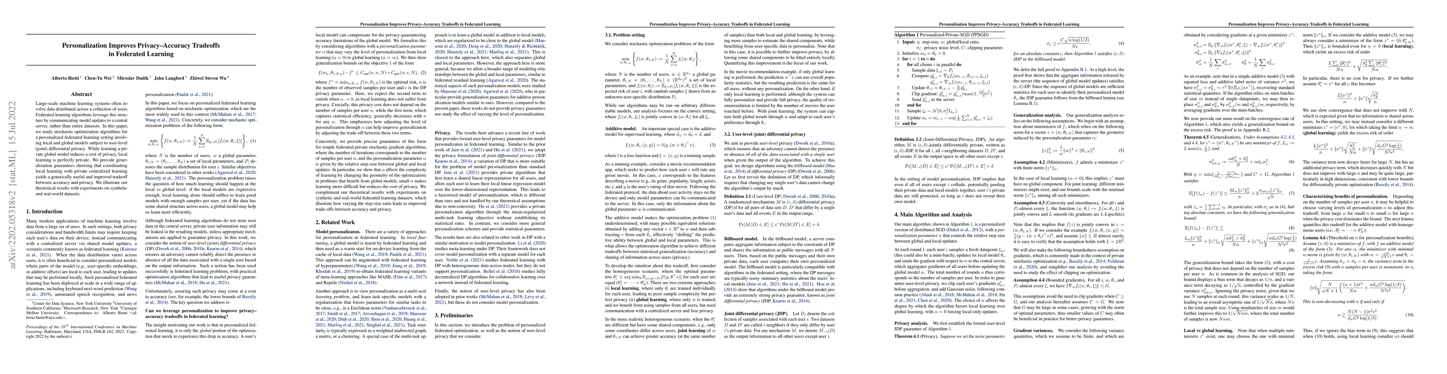 Thumbnail for Personalization Improves Privacy-Accuracy Tradeoffs in Federated
  Learning