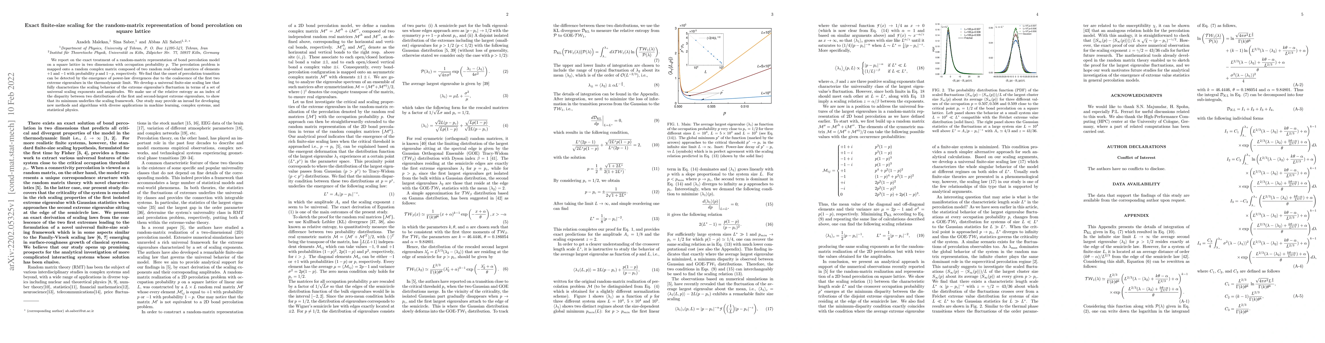 Thumbnail for Exact finite-size scaling for the random-matrix representation of bond
  percolation on square lattice