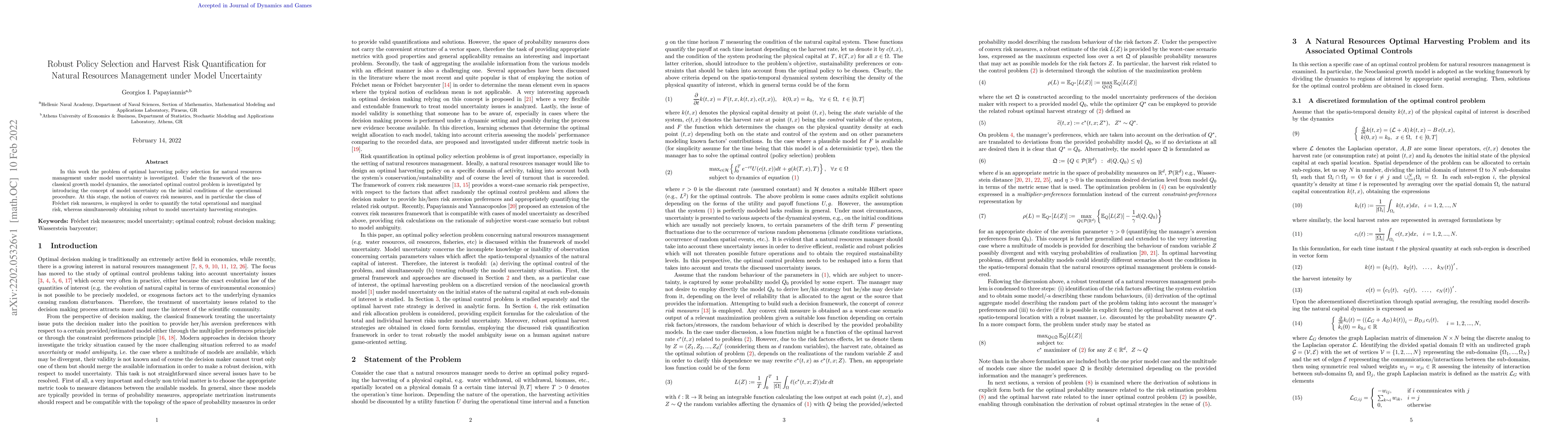 Thumbnail for Robust Policy Selection and Harvest Risk Quantification for Natural
  Resources Management under Model Uncertainty