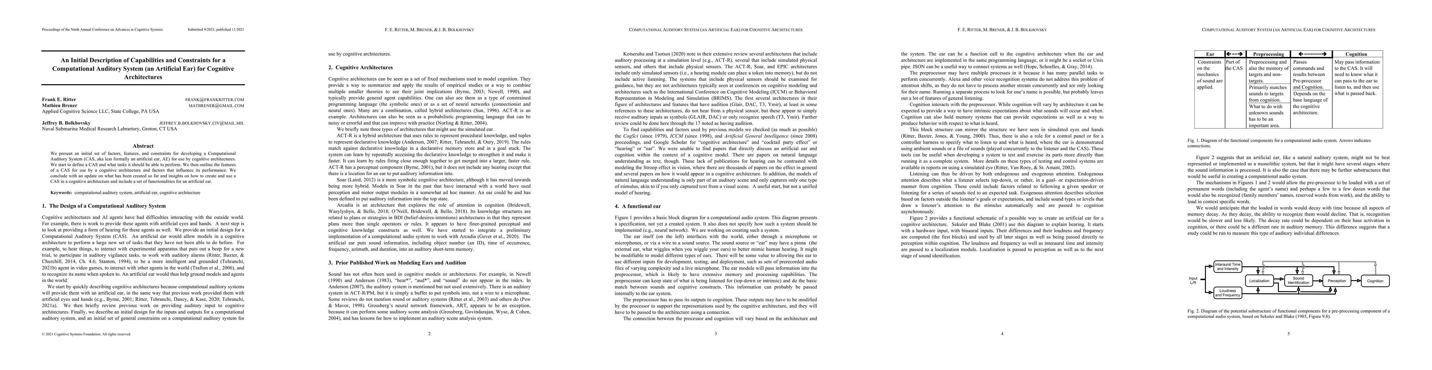 Thumbnail for An Initial Description of Capabilities and Constraints for a
  Computational Auditory System (an Artificial Ear) for Cognitive Architectures
