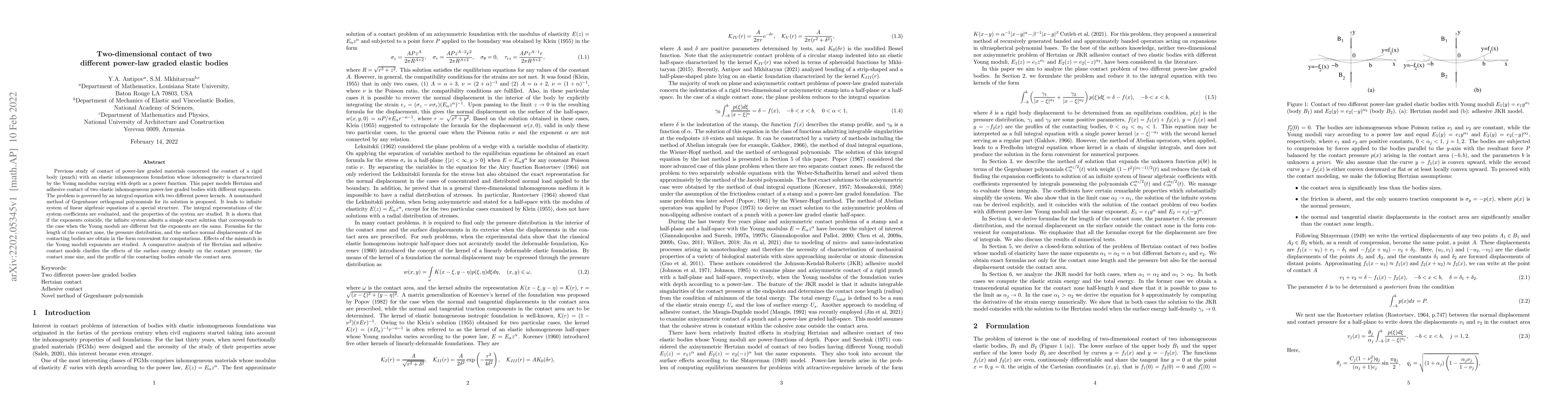 Thumbnail for Two-dimensional contact of two different power-law graded elastic bodies