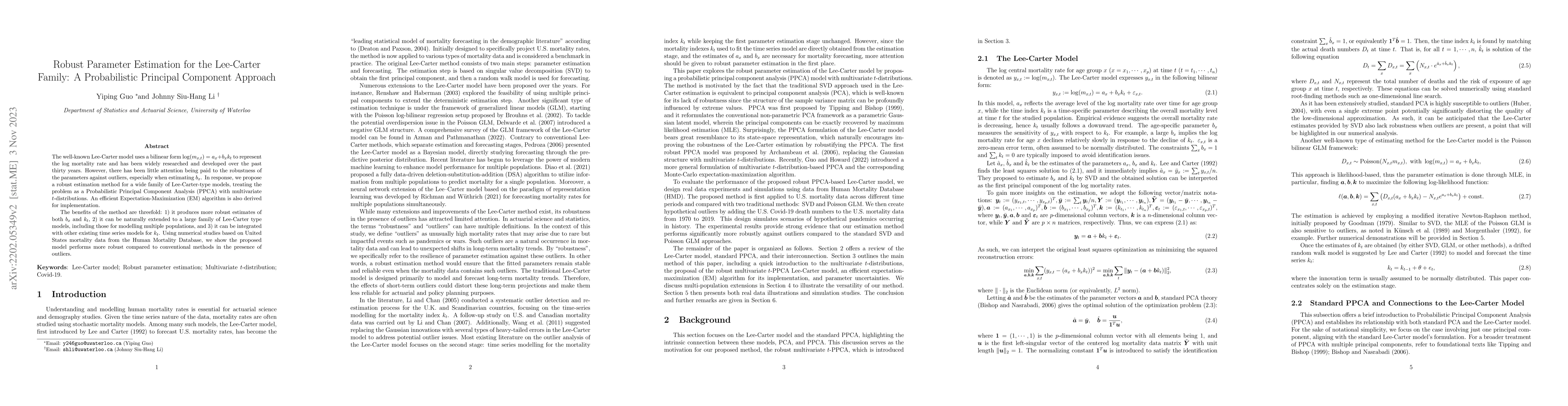 Thumbnail for Robust Parameter Estimation for the Lee-Carter Family: A Probabilistic
  Principal Component Approach