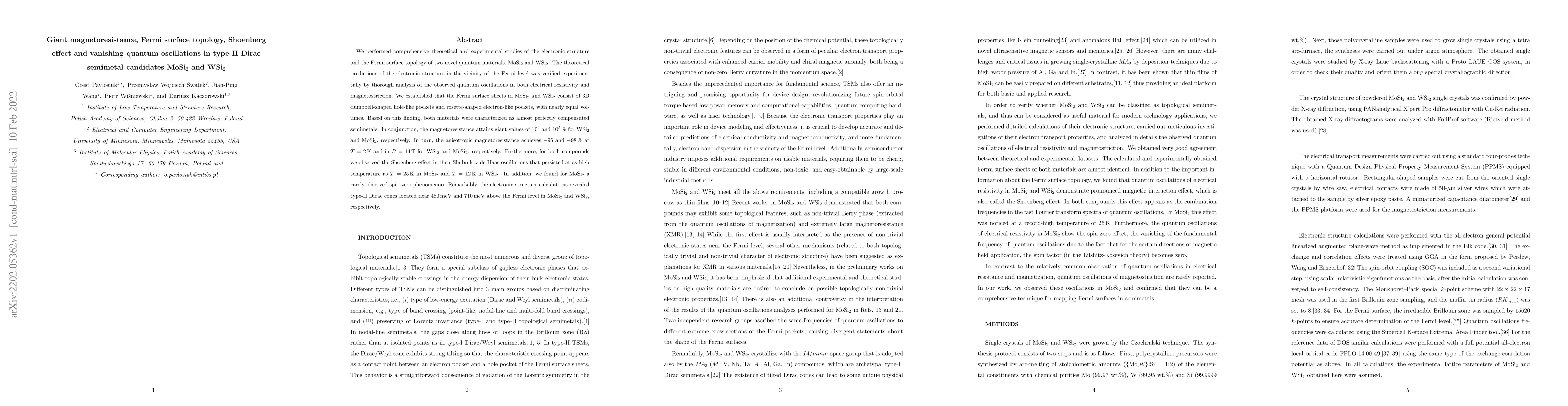 Thumbnail for Giant magnetoresistance, Fermi surface topology, Shoenberg effect and
  vanishing quantum oscillations in type-II Dirac semimetal candidates MoSi$_2$
  and WSi$_2$