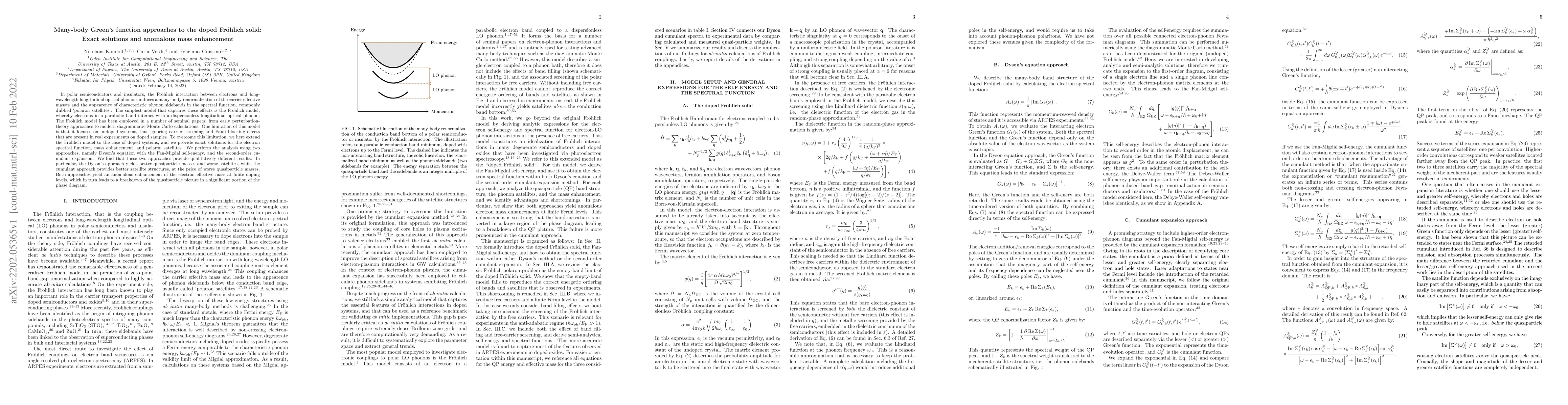 Thumbnail for Many-body Green's function approaches to the doped Fr\"ohlich solid:
  Exact solutions and anomalous mass enhancement