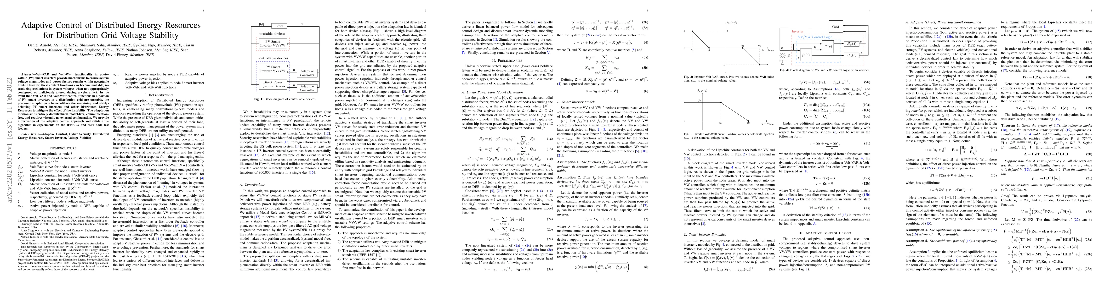 Thumbnail for Adaptive Control of Distributed Energy Resources for Distribution Grid
  Voltage Stability