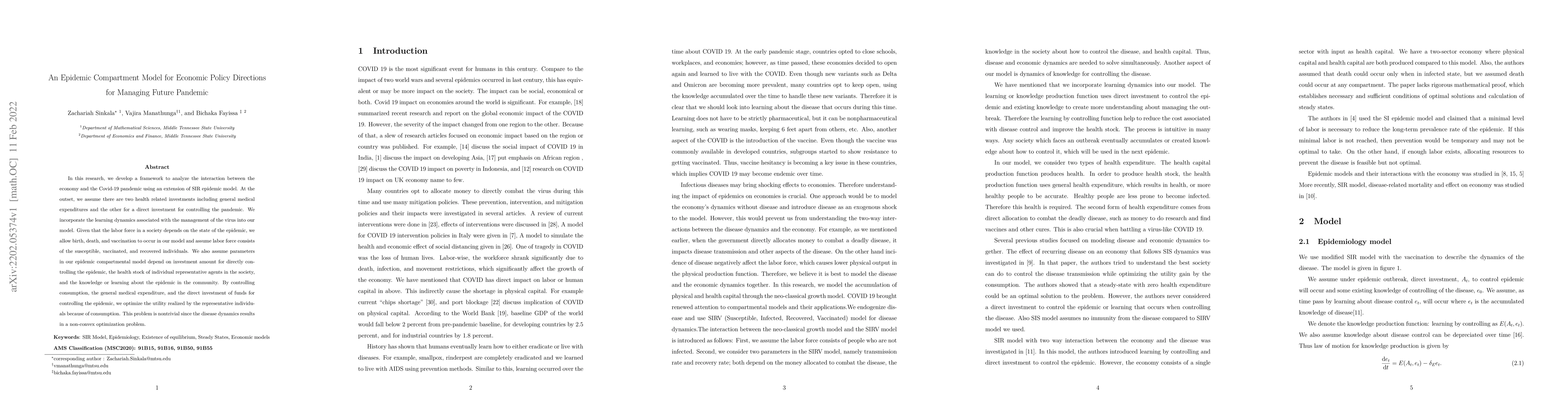 Thumbnail for An Epidemic Compartment Model for Economic Policy Directions for
  Managing Future Pandemic