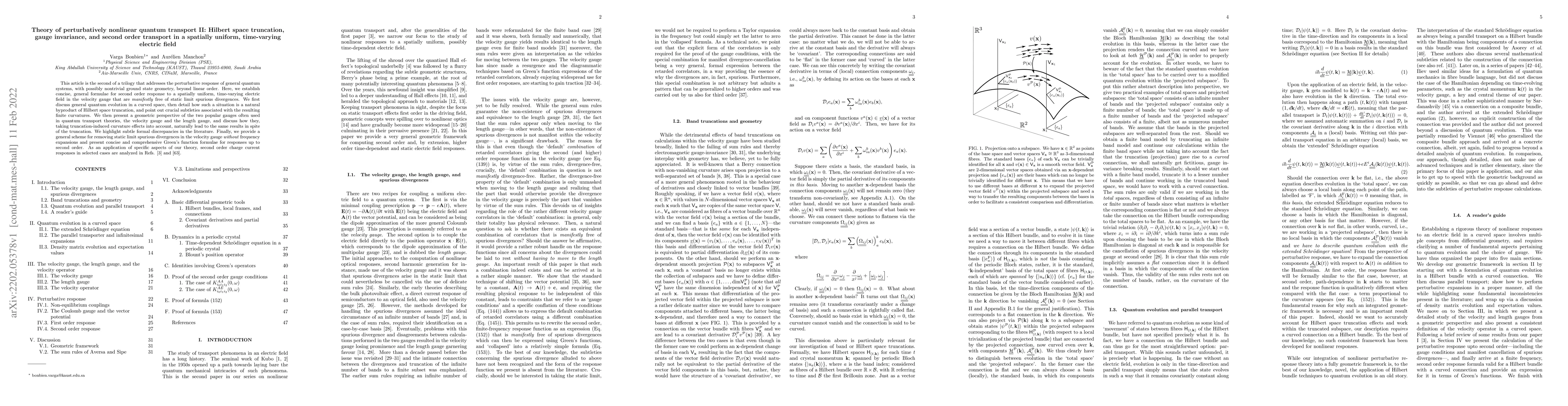 Thumbnail for Theory of perturbatively nonlinear quantum transport II: Hilbert space
  truncation, gauge invariance, and second order transport in a spatially
  uniform, time-varying electric field