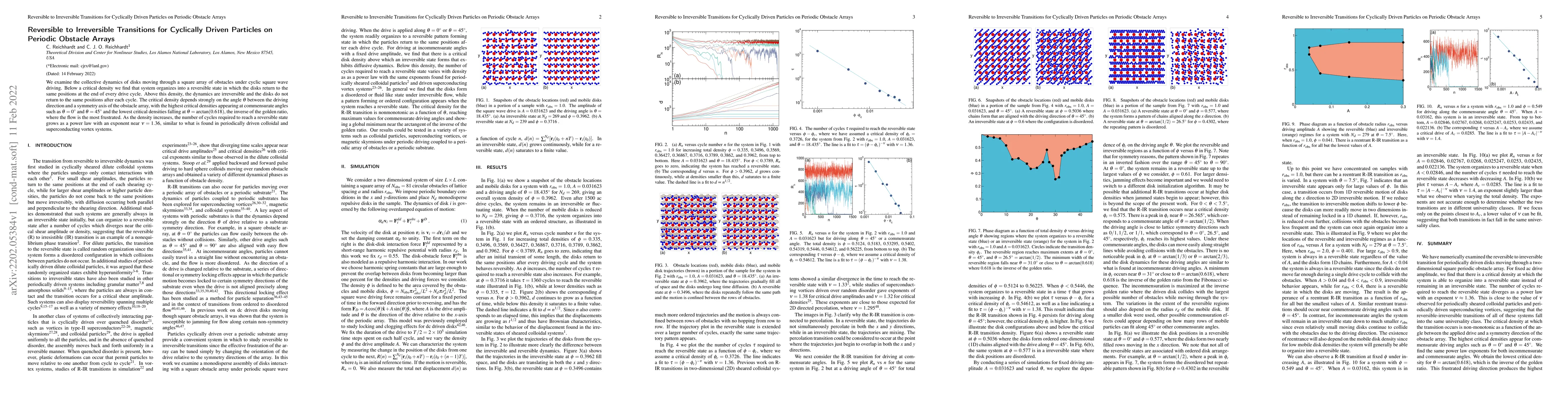 Thumbnail for Reversible to Irreversible Transitions for Cyclically Driven Disks on
  Periodic Obstacle Arrays
