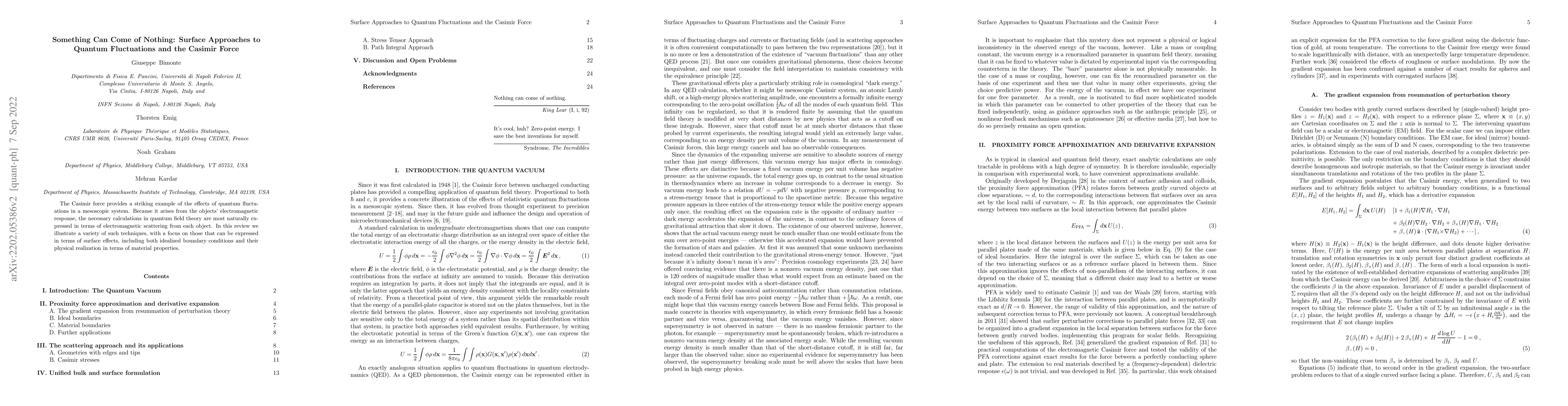 Thumbnail for Something Can Come of Nothing: Surface Approaches to Quantum
  Fluctuations and the Casimir Force