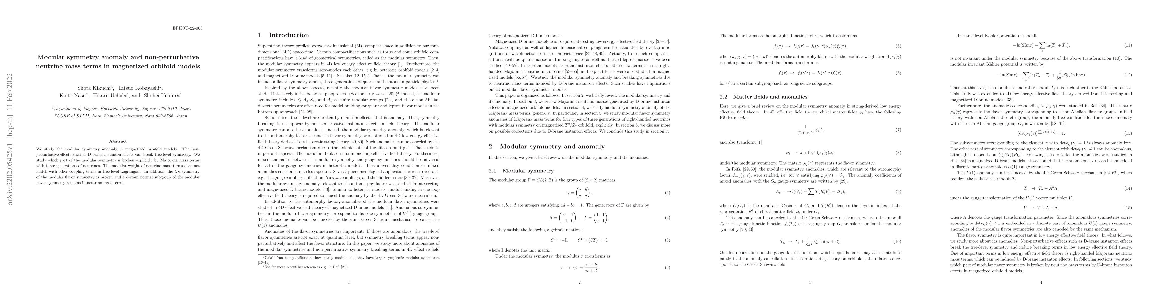 Thumbnail for Modular symmetry anomaly and non-perturbative neutrino mass terms in
  magnetized orbifold models