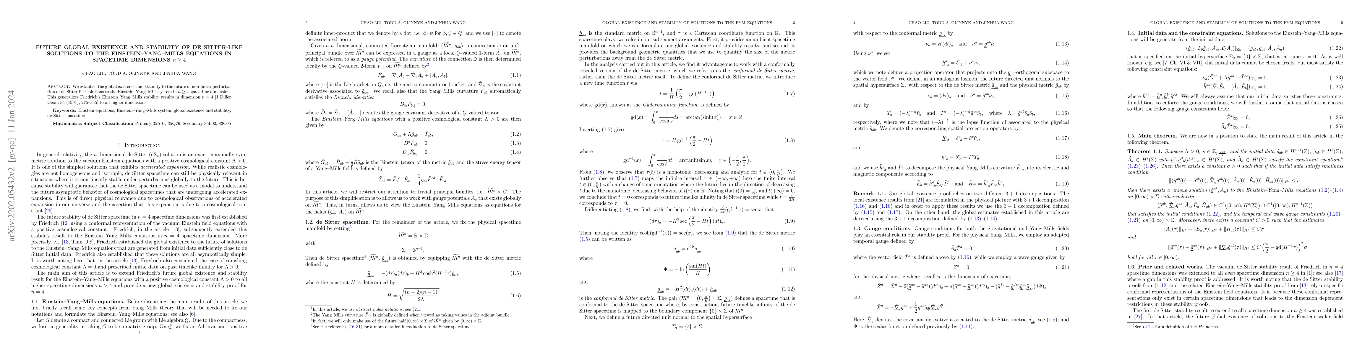 Thumbnail for Future global existence and stability of de Sitter-like solutions to the
  Einstein-Yang-Mills equations in spacetime dimensions $n\geq 4$