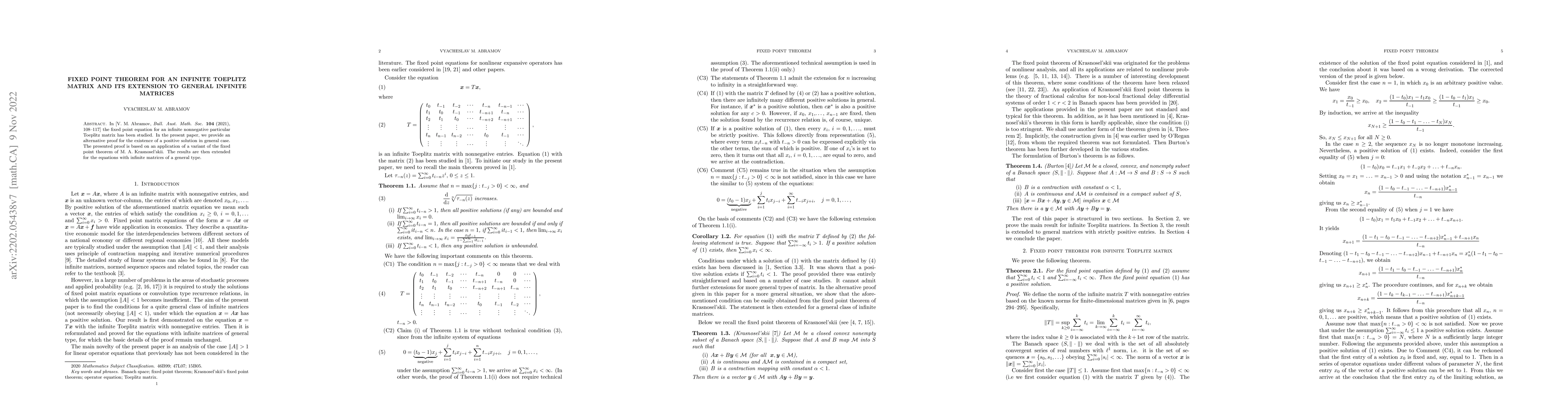 Thumbnail for Fixed point theorem for an infinite Toeplitz matrix and its extension to
  general infinite matrices