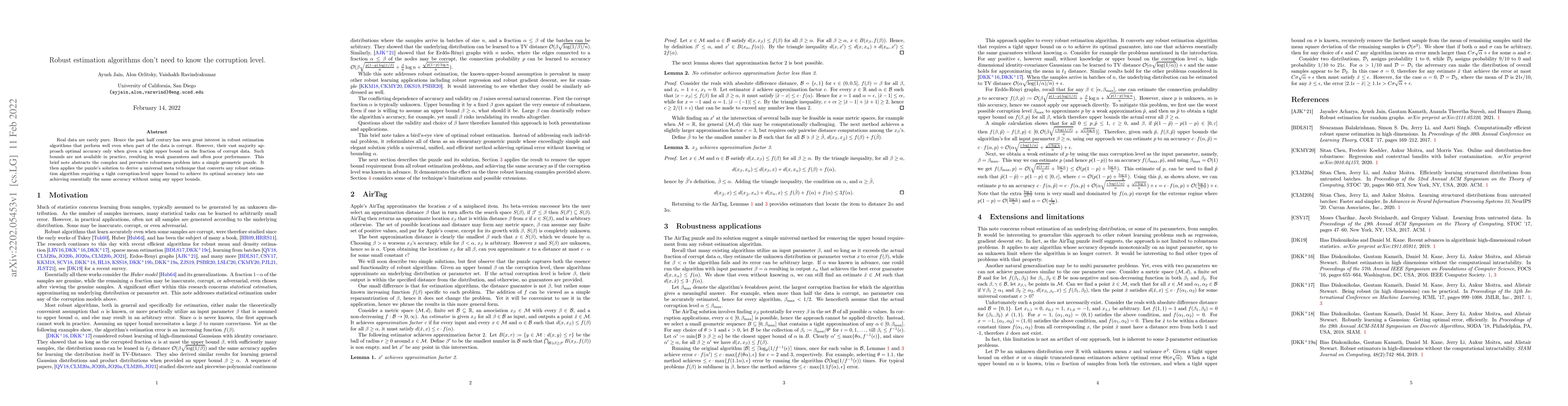 Thumbnail for Robust estimation algorithms don't need to know the corruption level