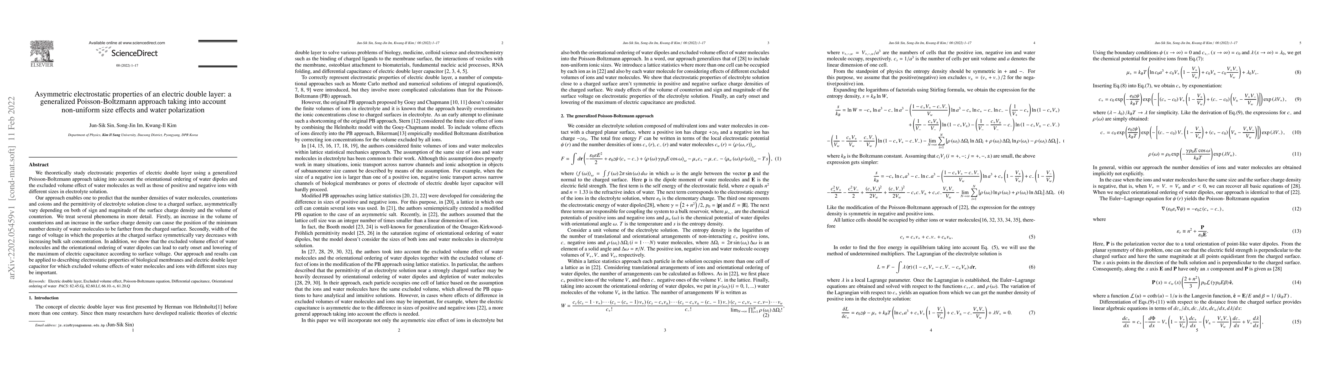 Thumbnail for Asymmetric electrostatic properties of an electric double layer: a
  generalized Poisson-Boltzmann approach taking into account non-uniform size
  effects and water polarization