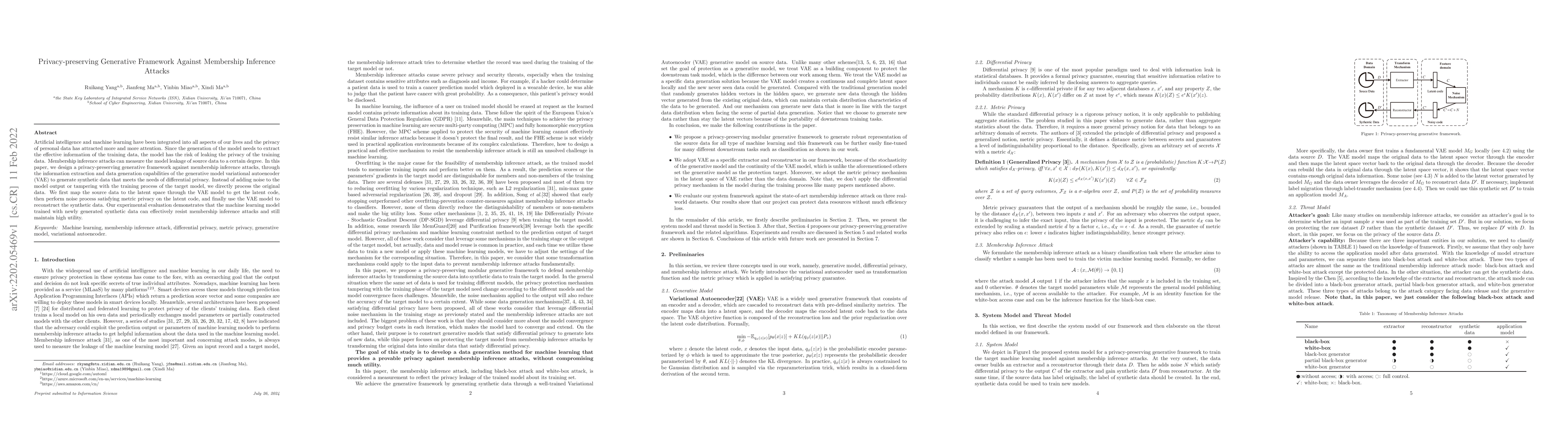 Thumbnail for Privacy-preserving Generative Framework Against Membership Inference
  Attacks