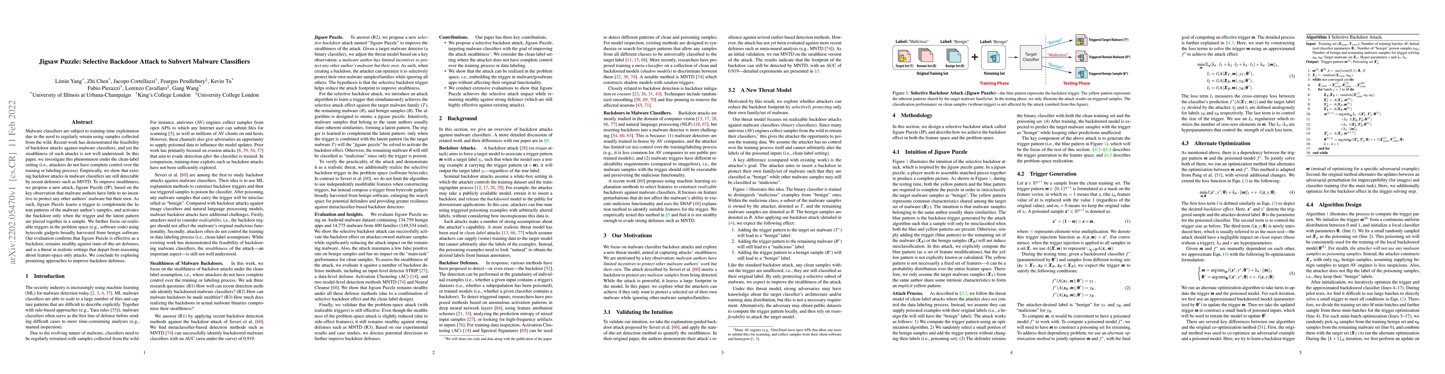 Thumbnail for Jigsaw Puzzle: Selective Backdoor Attack to Subvert Malware Classifiers