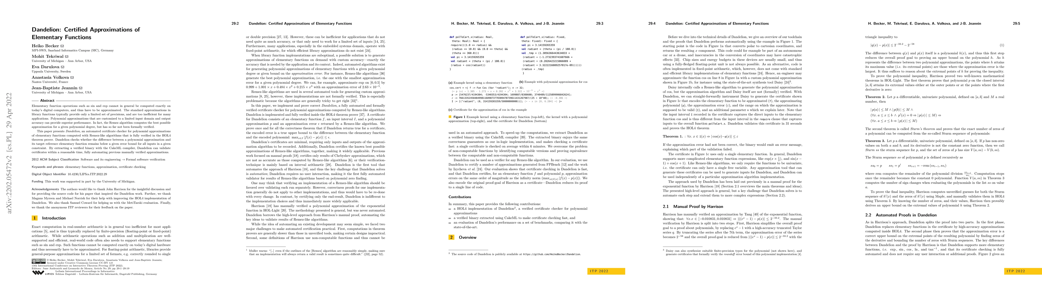 Thumbnail for Dandelion: Certified Approximations of Elementary Functions