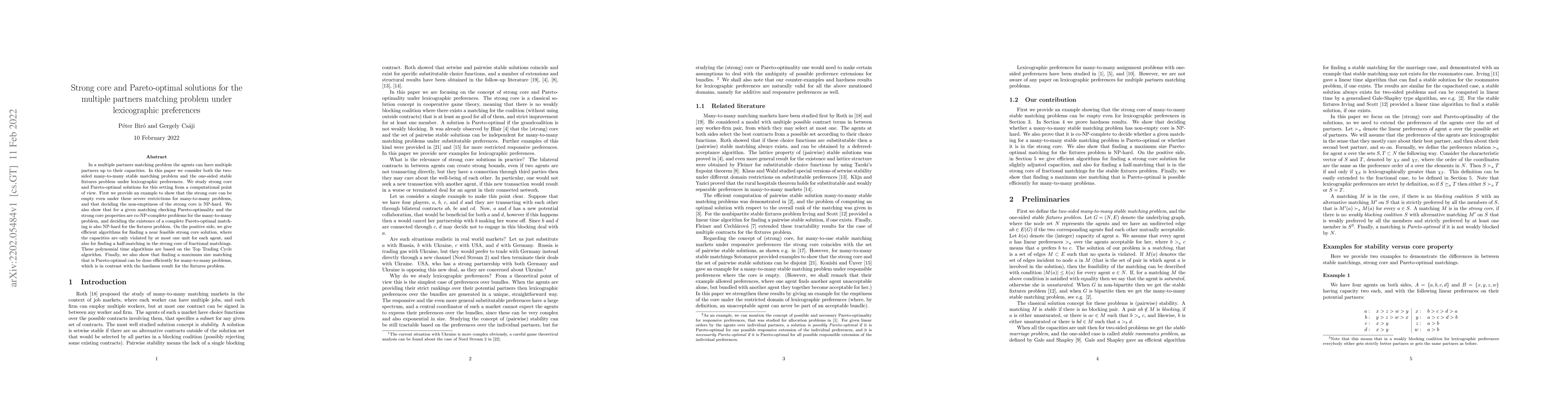 Thumbnail for Strong core and Pareto-optimal solutions for the multiple partners
  matching problem under lexicographic preferences