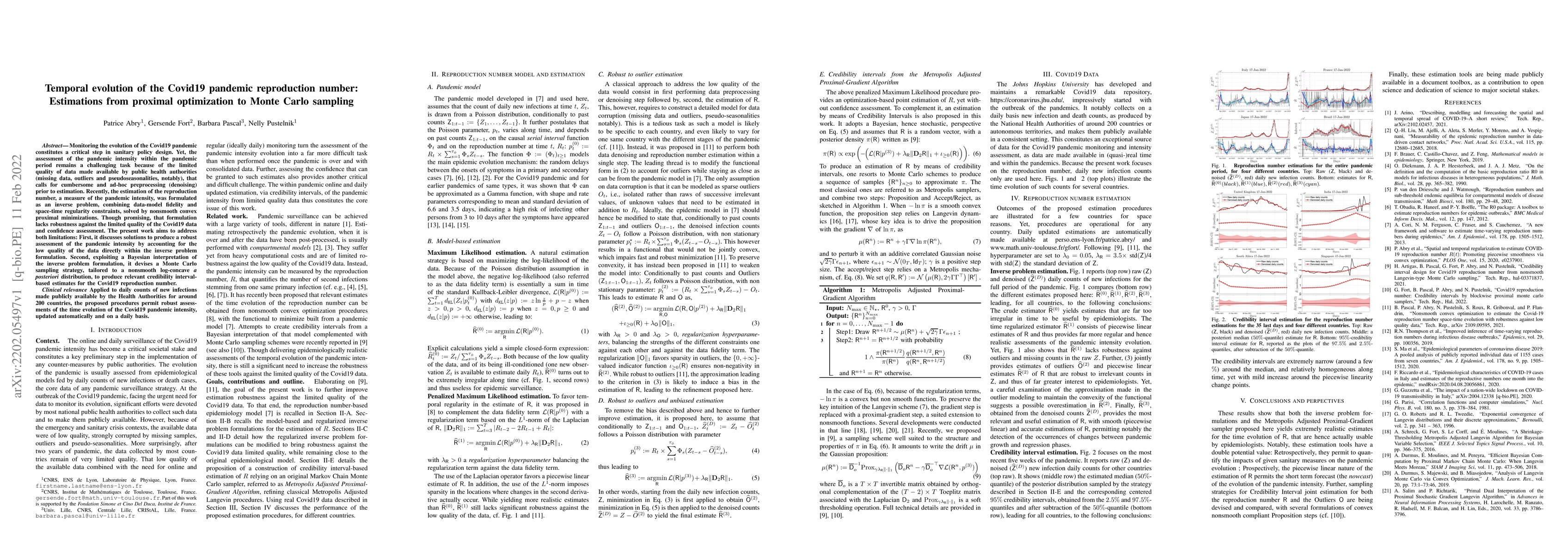 Thumbnail for Temporal evolution of the Covid19 pandemic reproduction number:
  Estimations from proximal optimization to Monte Carlo sampling