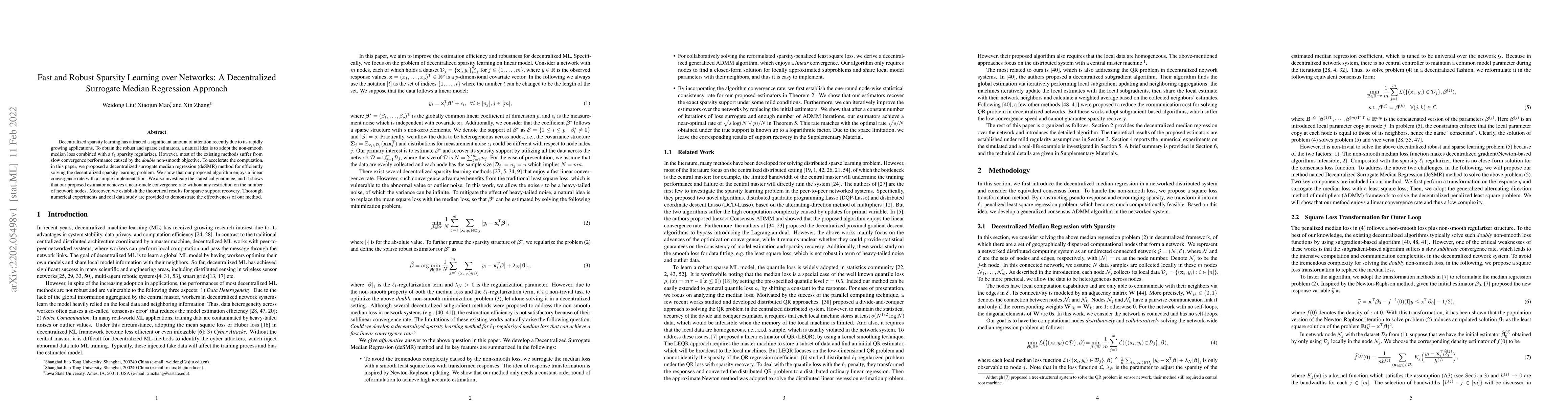 Thumbnail for Fast and Robust Sparsity Learning over Networks: A Decentralized
  Surrogate Median Regression Approach
