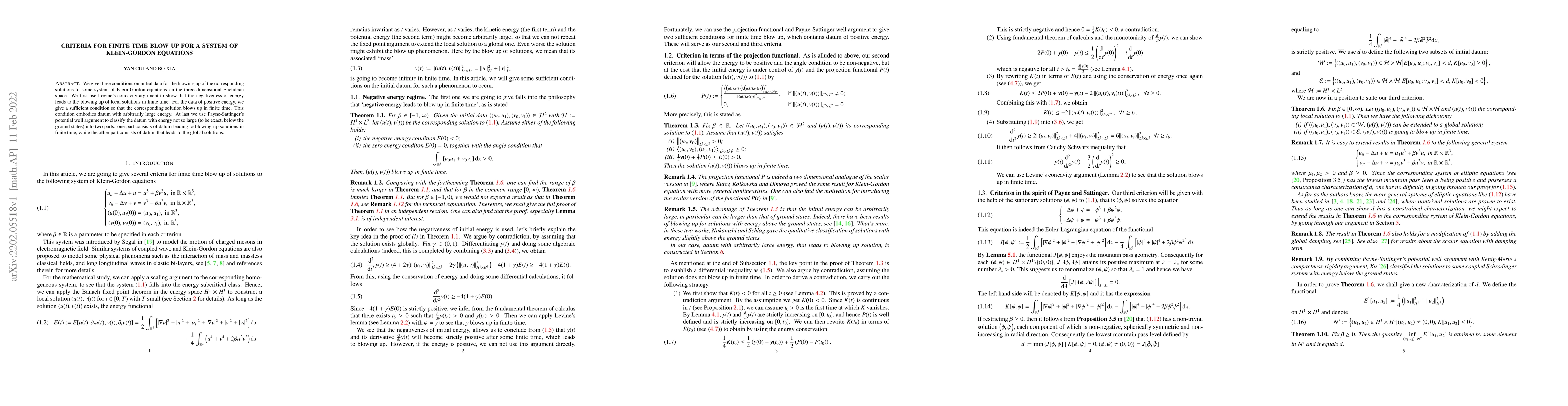 Thumbnail for Criteria for finite time blow up for a system of Klein-Gordon equations