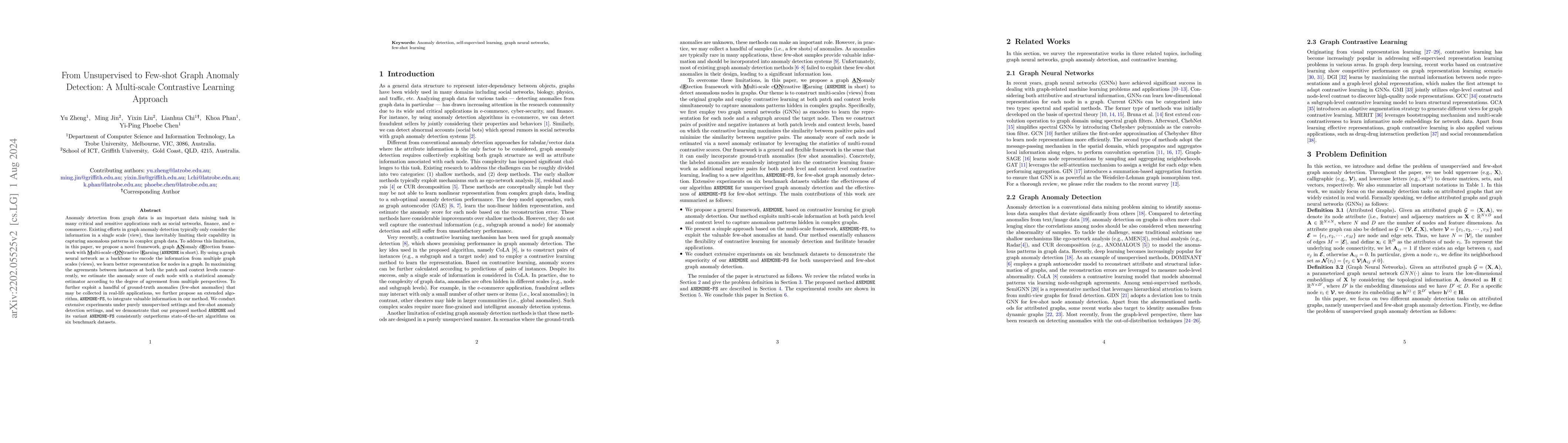 Thumbnail for From Unsupervised to Few-shot Graph Anomaly Detection: A Multi-scale
  Contrastive Learning Approach