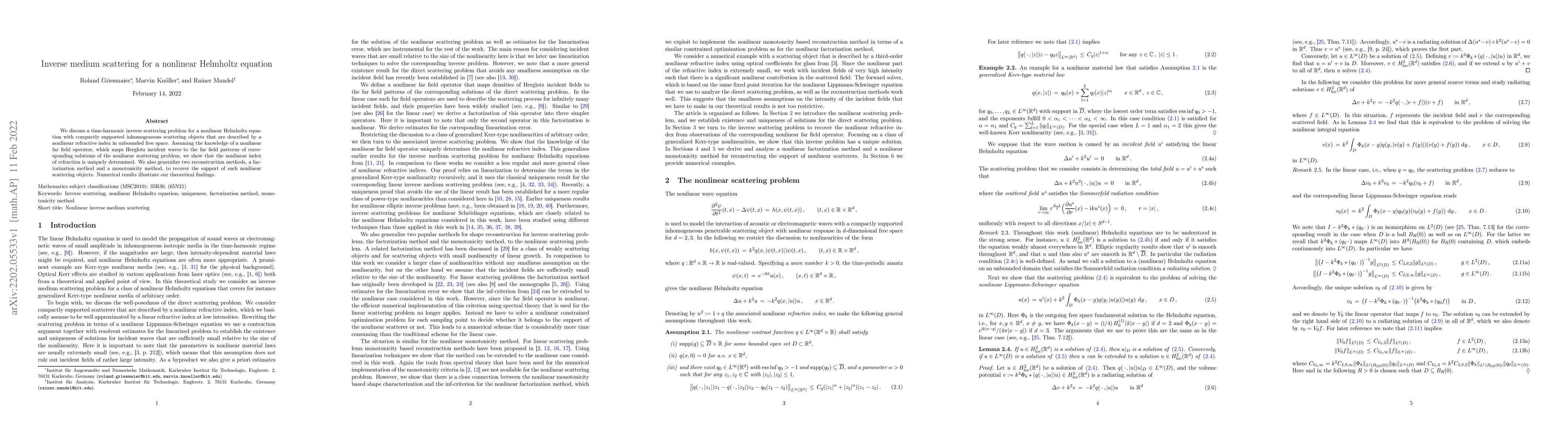 Thumbnail for Inverse medium scattering for a nonlinear Helmholtz equation