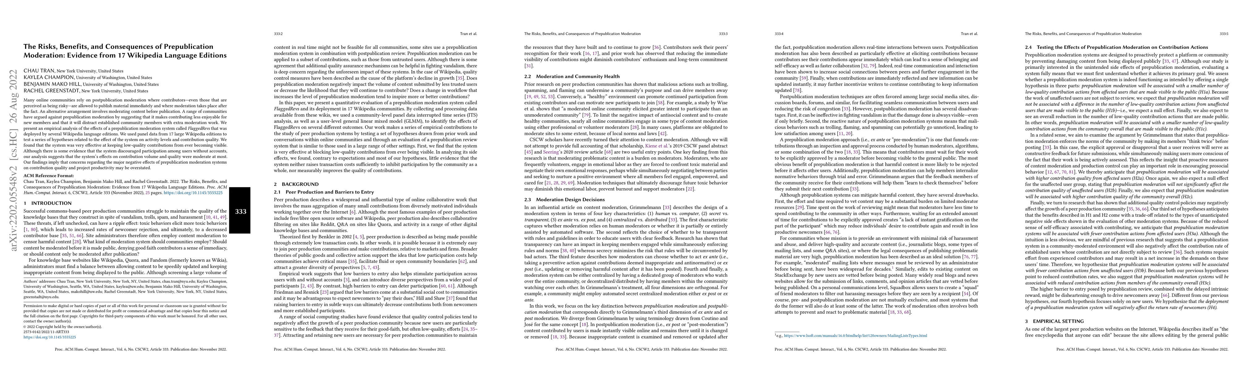 Thumbnail for The Risks, Benefits, and Consequences of Prepublication Moderation:
  Evidence from 17 Wikipedia Language Editions