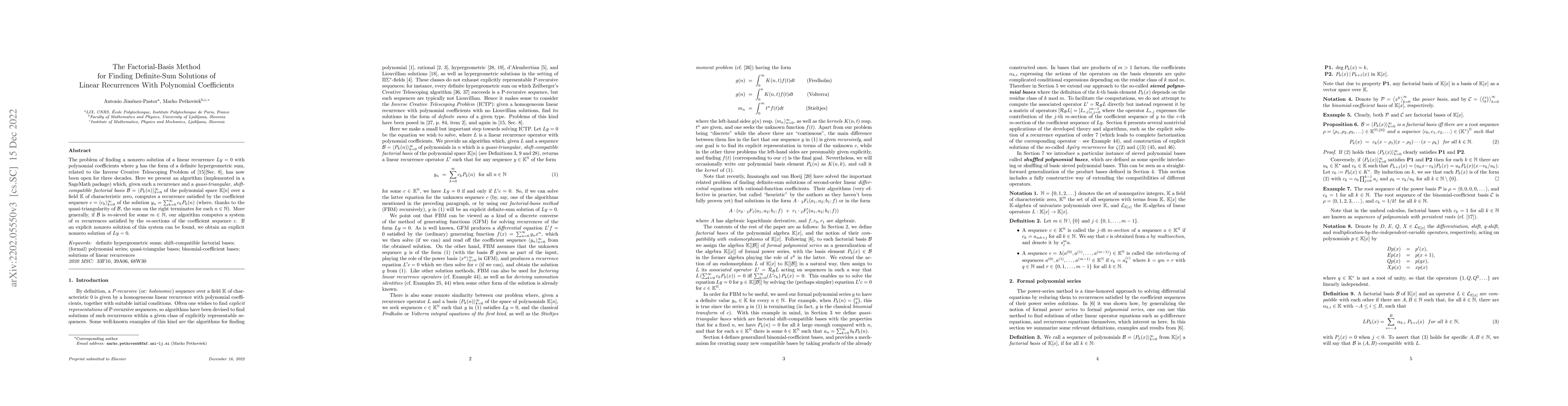 Thumbnail for The Factorial-Basis Method for Finding Definite-Sum Solutions of Linear
  Recurrences With Polynomial Coefficients
