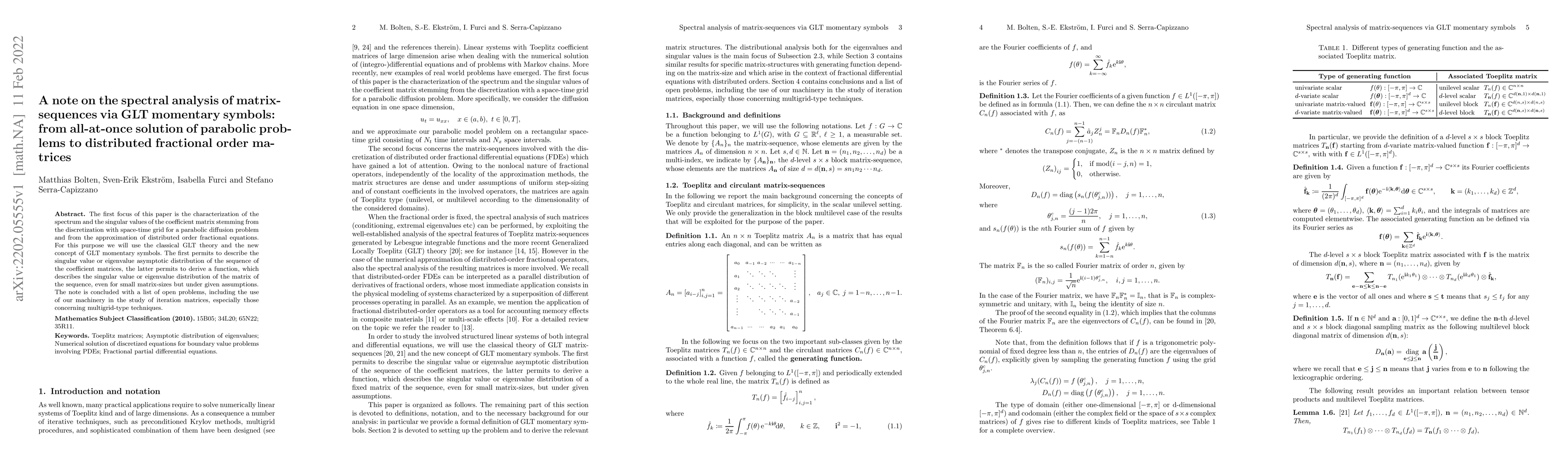 Thumbnail for A note on the spectral analysis of matrix sequences via GLT momentary
  symbols: from all-at-once solution of parabolic problems to distributed
  fractional order matrices