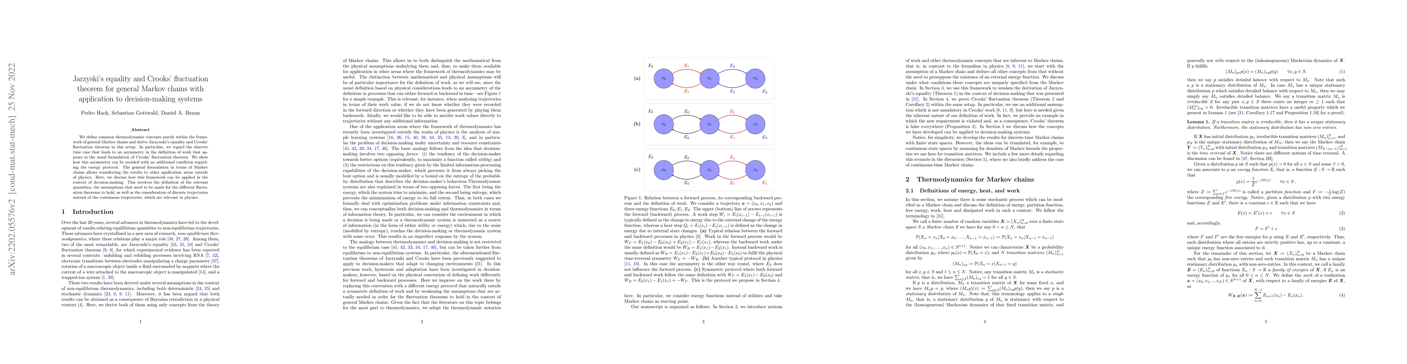 Thumbnail for Jarzyski's equality and Crooks' fluctuation theorem for general Markov
  chains with application to decision-making systems