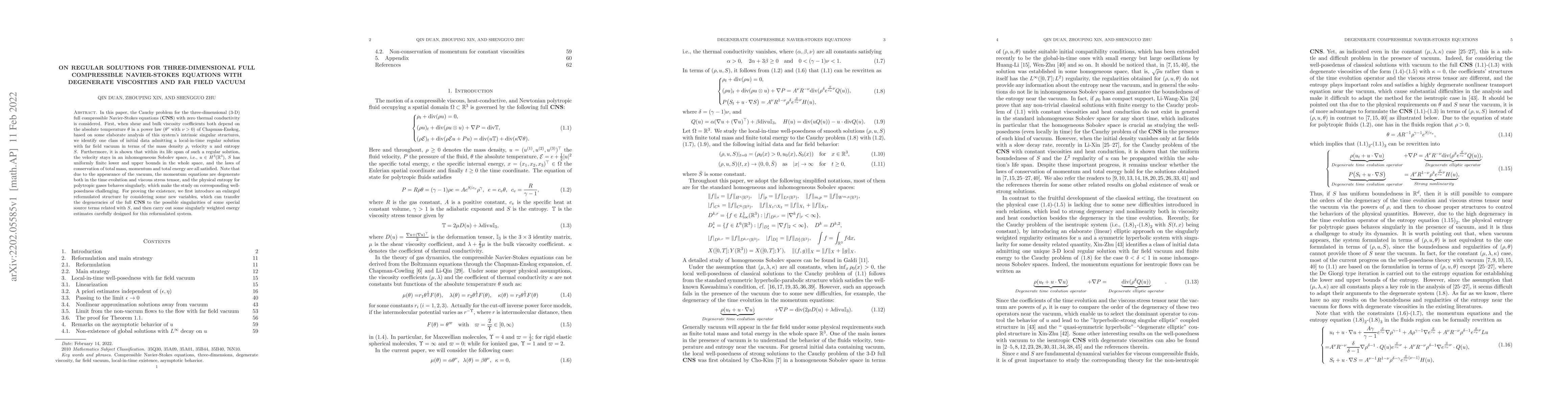 Thumbnail for On regular solutions for three-dimensional full compressible
  Navier-Stokes equations with degenerate viscosities and far field vacuum