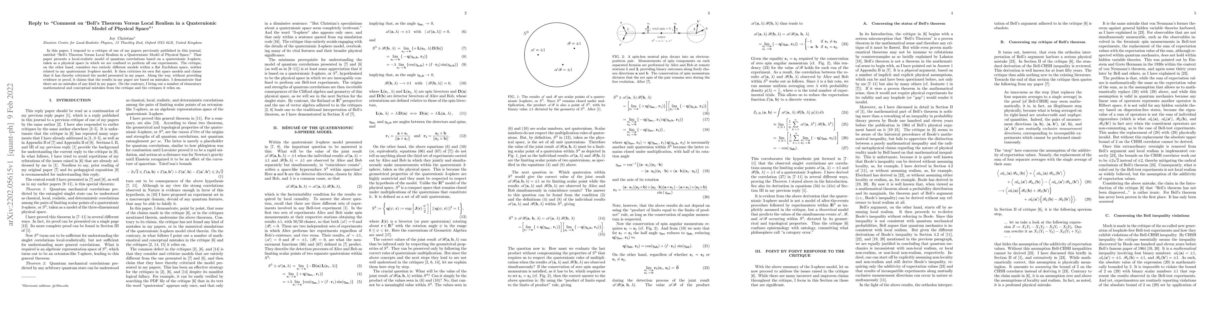 Thumbnail for Reply to "Comment on 'Bell's Theorem Versus Local Realism in a
  Quaternionic Model of Physical Space'"