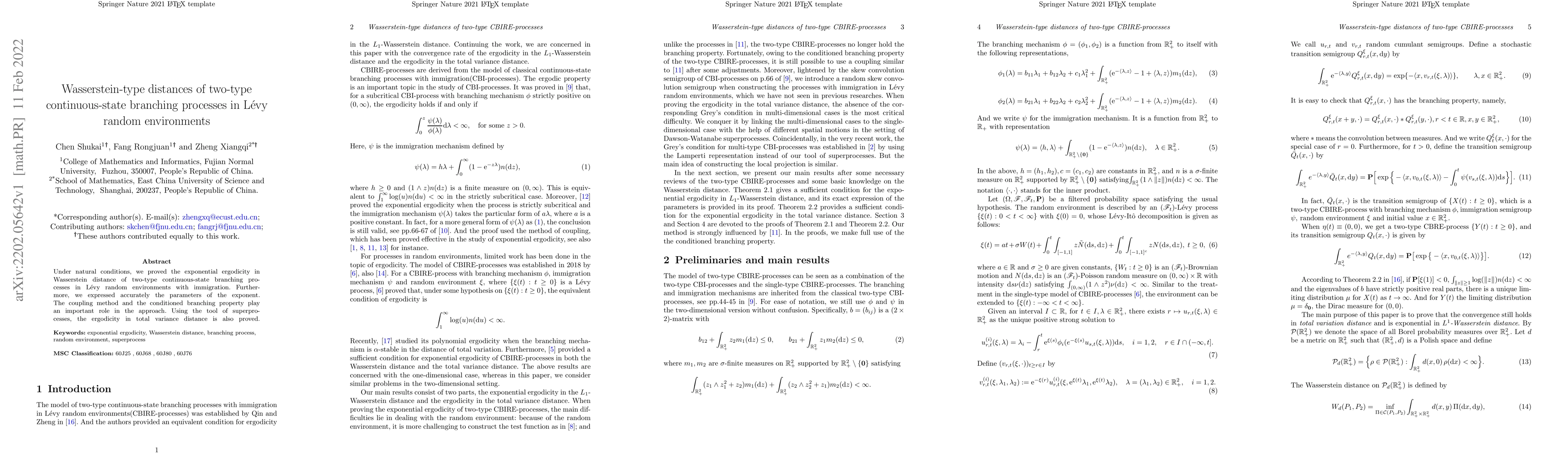Thumbnail for Wasserstein-type distances of two-type continuous-state branching
  processes in L\'{e}vy random environments