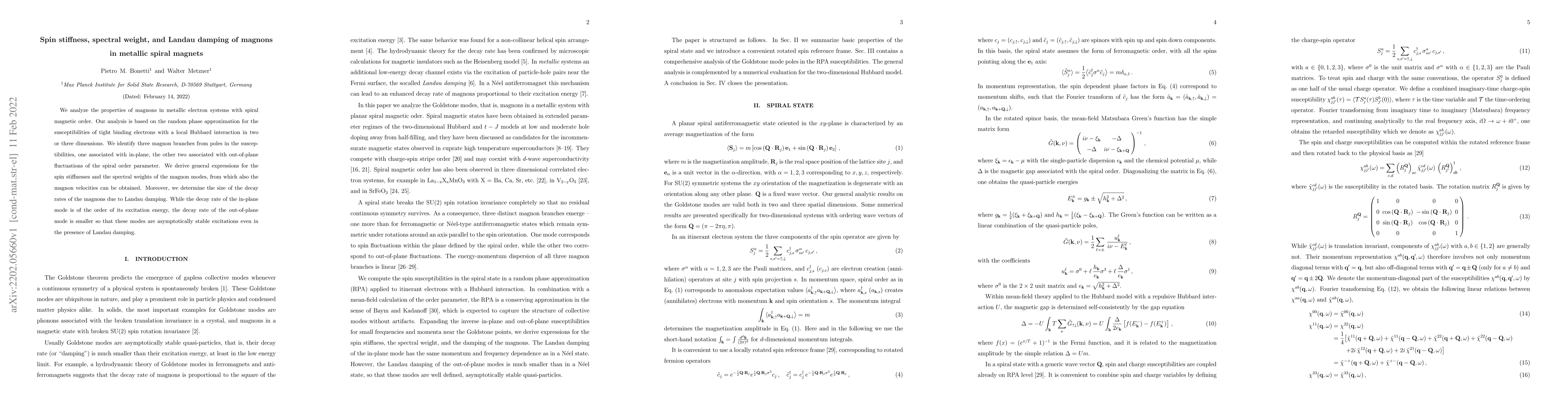 Thumbnail for Spin stiffness, spectral weight, and Landau damping of magnons in
  metallic spiral magnets