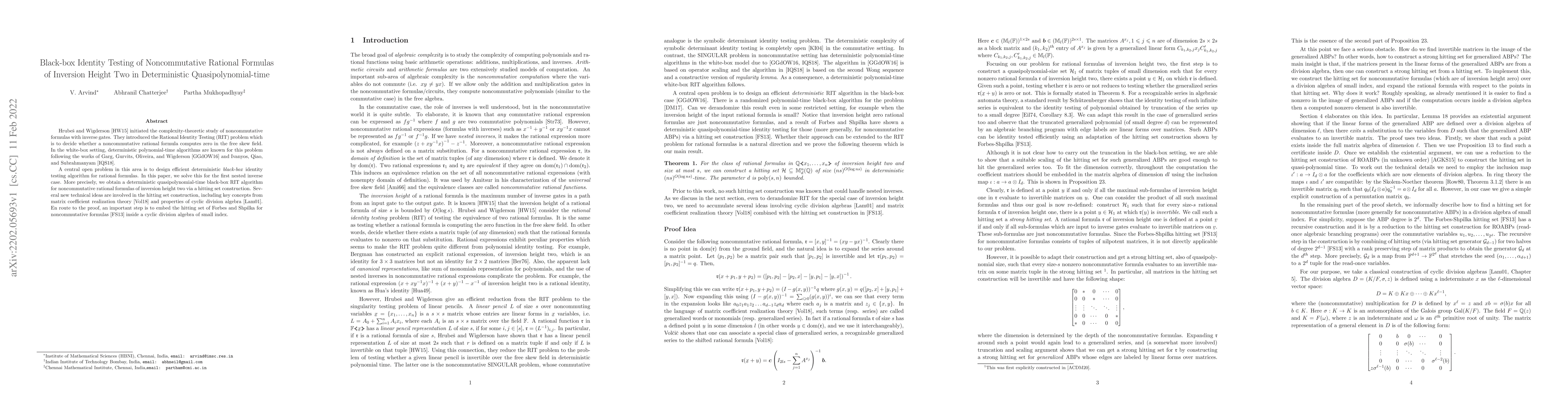 Thumbnail for Black-box Identity Testing of Noncommutative Rational Formulas of
  Inversion Height Two in Deterministic Quasipolynomial-time