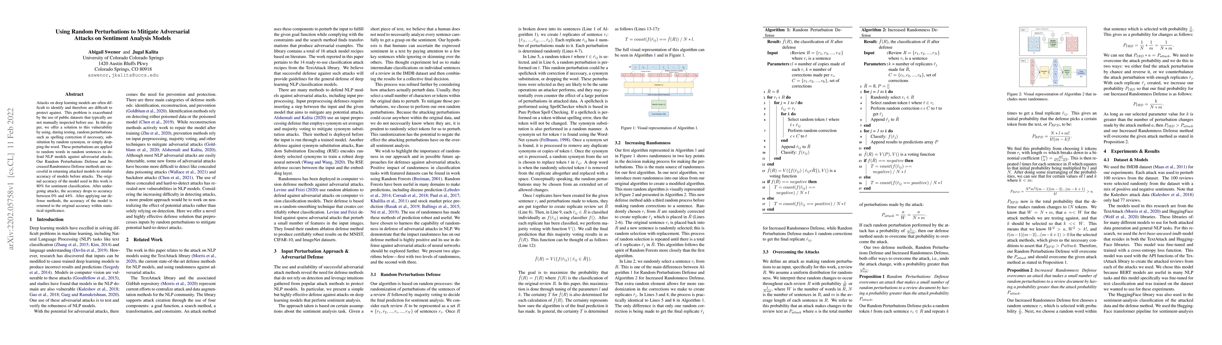 Thumbnail for Using Random Perturbations to Mitigate Adversarial Attacks on Sentiment
  Analysis Models