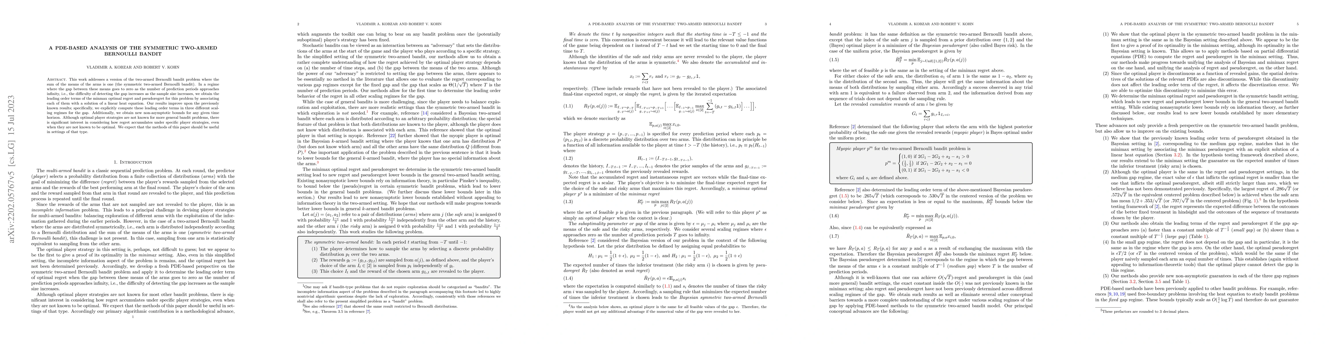 Thumbnail for A PDE-Based Analysis of the Symmetric Two-Armed Bernoulli Bandit