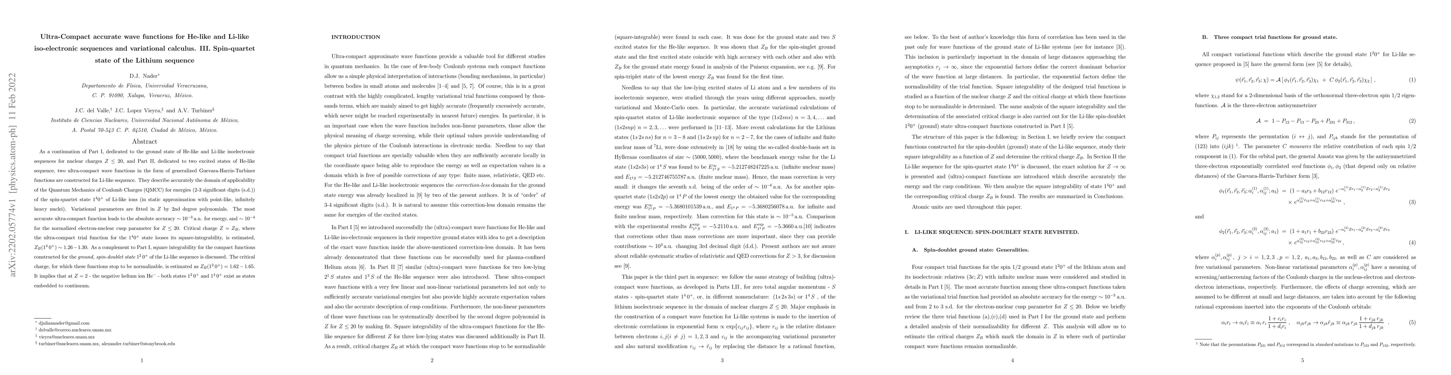 Thumbnail for Ultra-Compact accurate wave functions for He-like and Li-like
  iso-electronic sequences and variational calculus. III. Spin-quartet state of
  the Lithium sequence