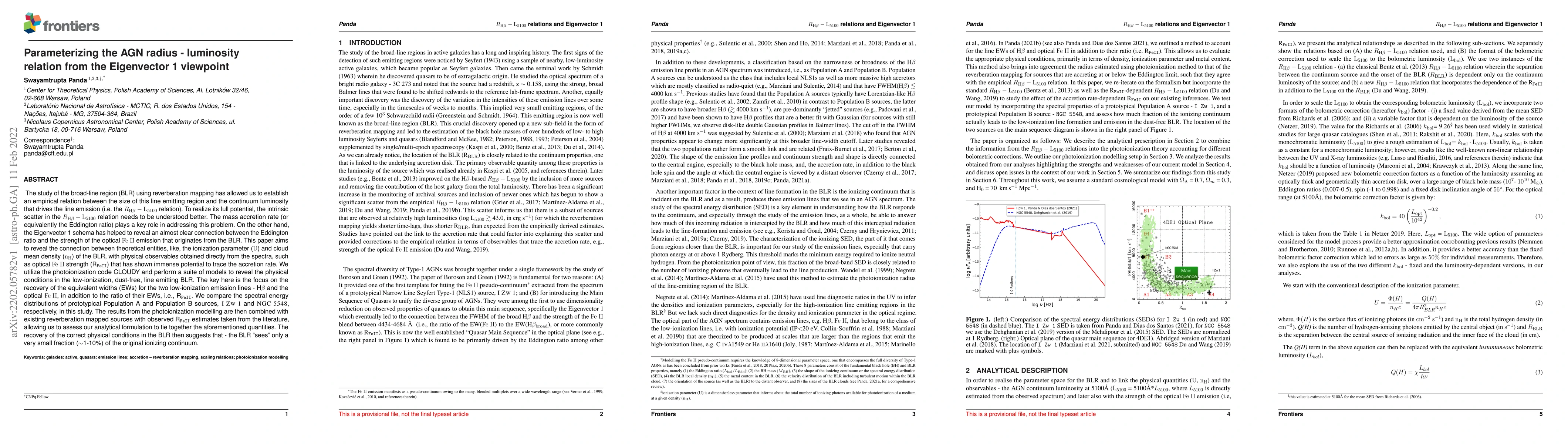 Thumbnail for Parameterizing the AGN radius -- luminosity relation from the
  Eigenvector 1 viewpoint