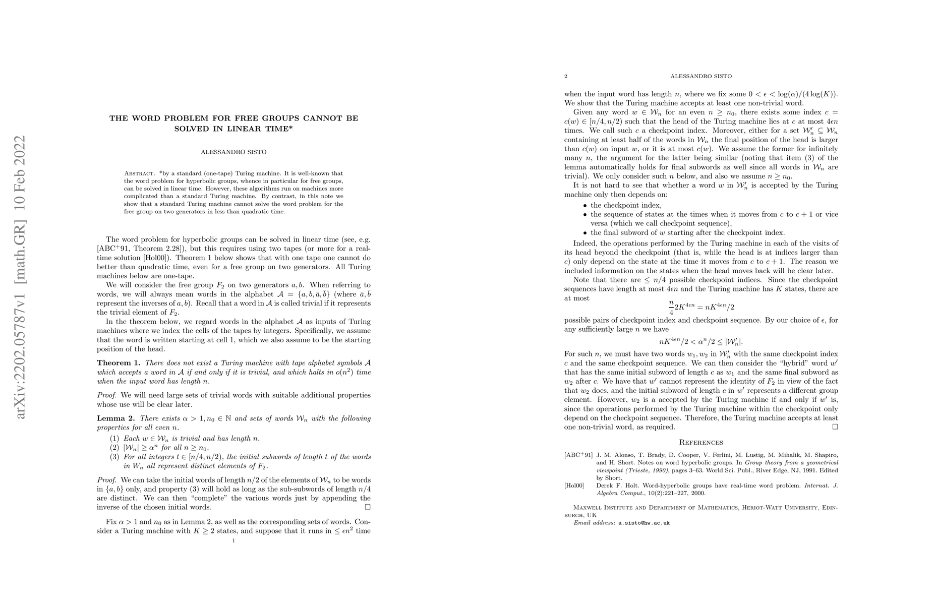 Thumbnail for The word problem for free groups cannot be solved in linear time*