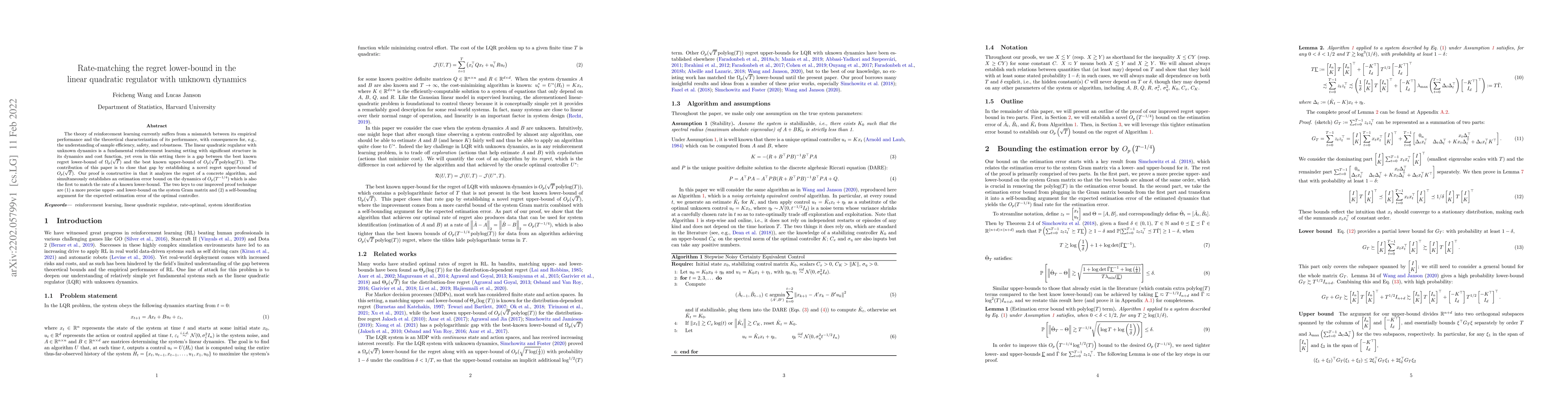 Thumbnail for Rate-matching the regret lower-bound in the linear quadratic regulator
  with unknown dynamics