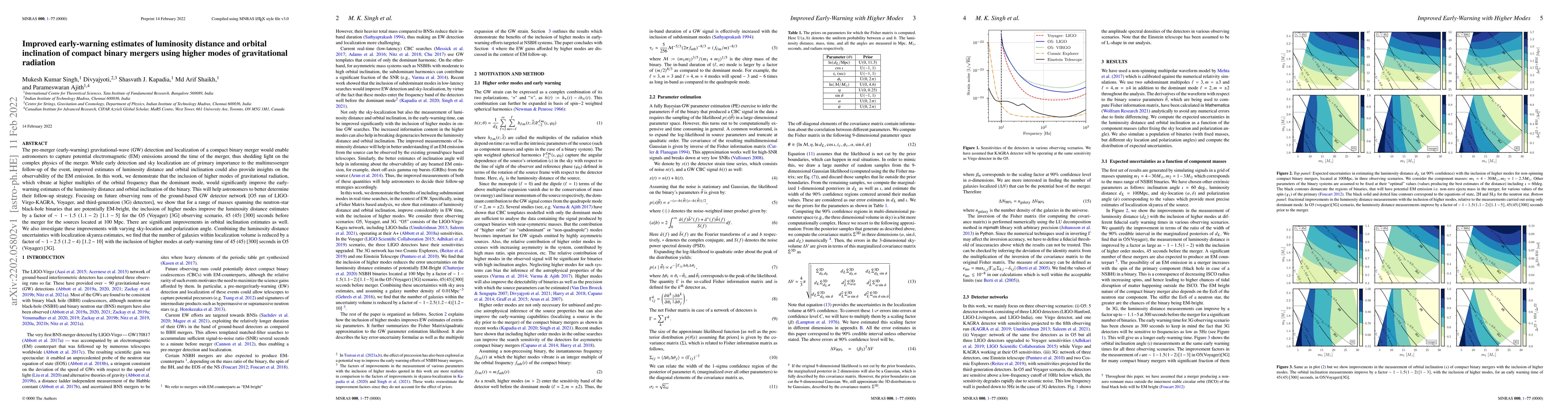 Thumbnail for Improved early-warning estimates of luminosity distance and orbital
  inclination of compact binary mergers using higher modes of gravitational
  radiation