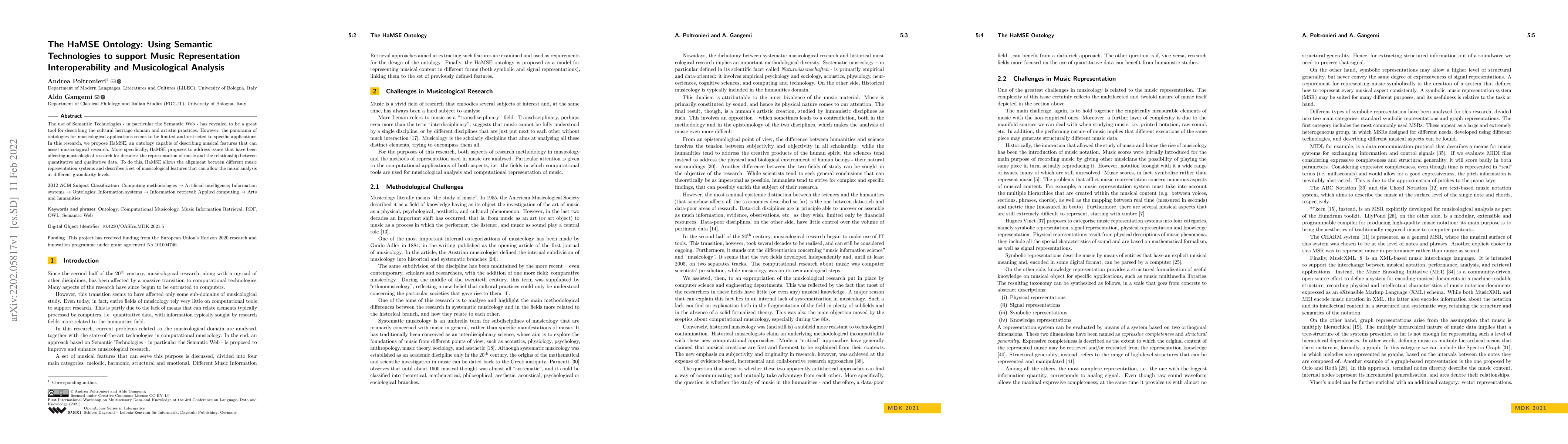 Thumbnail for The HaMSE Ontology: Using Semantic Technologies to support Music
  Representation Interoperability and Musicological Analysis