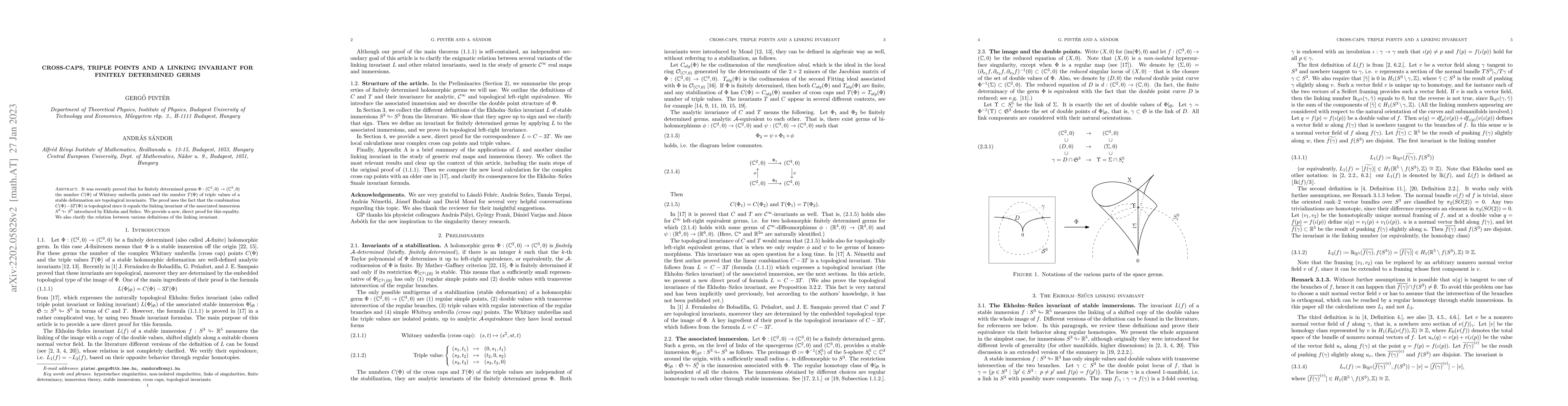 Thumbnail for Cross-caps, triple points and a linking invariant for finitely
  determined germs