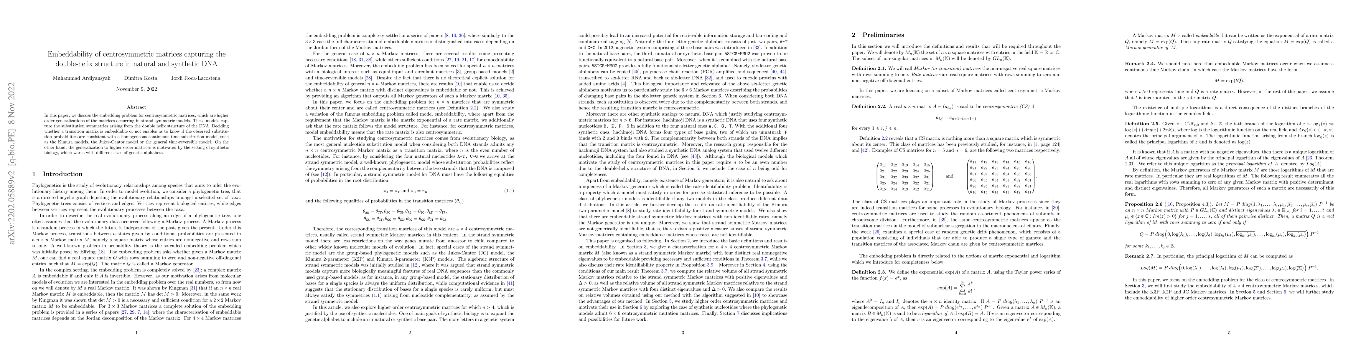 Thumbnail for Embeddability of centrosymmetric matrices capturing the double-helix
  structure in natural and synthetic DNA