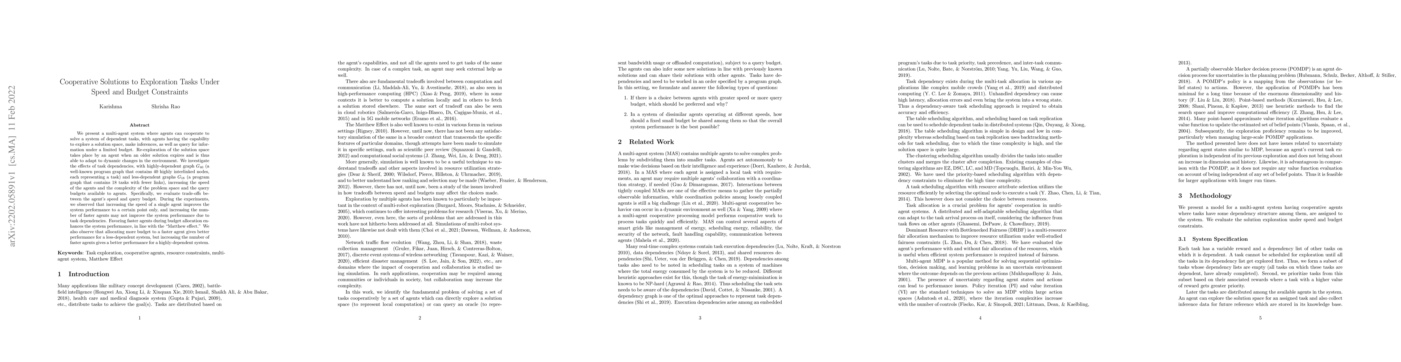 Thumbnail for Cooperative Solutions to Exploration Tasks Under Speed and Budget
  Constraints