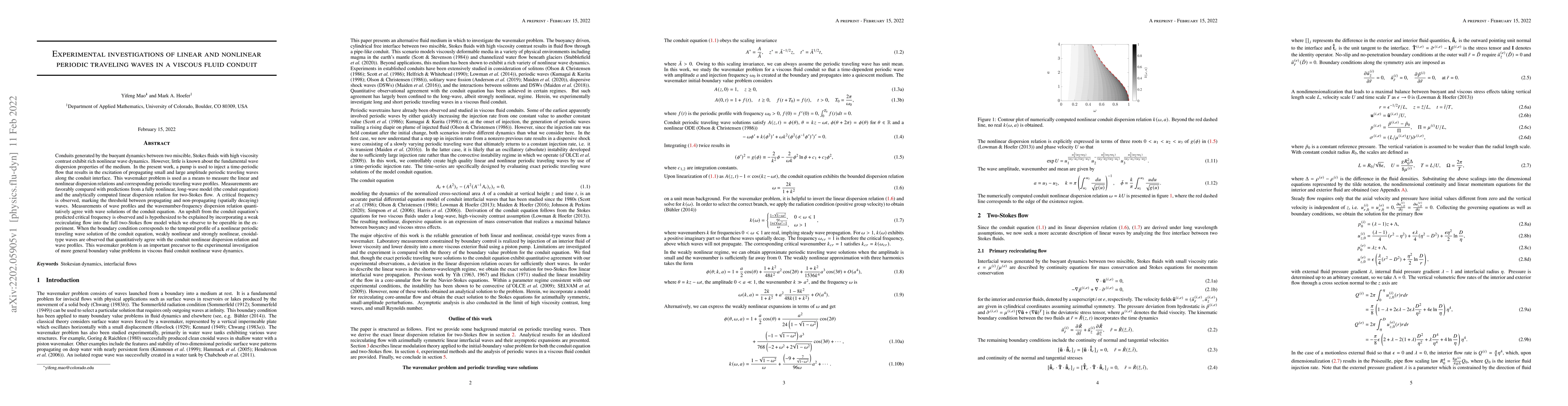 Thumbnail for Experimental investigations of linear and nonlinear periodic traveling
  waves in a viscous fluid conduit